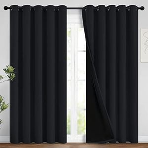 Yakamok 100% Blackout Lined Panels, Thermal Insulated Blackout Curtains for Bedroom, Heat Blocking Drapes for Living Room(62Wx84L, Black, 2 Panels)