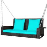 DORTALA Hanging Porch Swing, 2-Person Outdoor Wicker Swing Chair Bench with Cushions, 7.9Ft Steel Chains for Garden, Backyard, Deck & Poolside, Turquoise