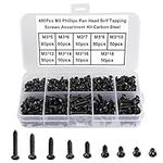 FandWay 480Pcs M3 Phillips Pan Head Self-Tapping Screws, Carbon Steel Round Head Tapping Screws,Wood Screws Assortment Set With Storage Box (Black Oxide)