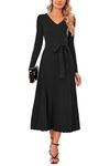 Arach&Cloz 2024 Womens Fall Wool Blended Sweater Dress Long Sleeve V Neck Tie Waist Pleated A Line Knit Midi Holiday Dresses Winter Trendy(Black,M)