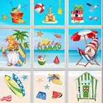 Mfault 9 Sheets Hello Summer Gnomes Window Clings, Hawaii Beach Hut Watermelon Stickers Decals Tropical Surfboard Sand Castle Decorations, Coastal Hawaiian Sea Shell Starfish Home Kitchen Decor