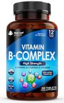 Vitamin B Complex - 365 Small Tablets (One Year Supply) High Strength All 8 B Vitamins B1-B2-B3-B5-B6-B12, Biotin, Folic Acid and Vitamin C - Reduction of Tiredness, Energy & Immune Support - UK Made