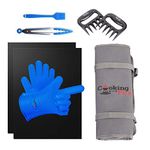 8 Piece Ultimate Grill / Smoker Set - Non-Stick Grilling Mats, Silicone Grilling Gloves, Meat Shredder Claws, Basting Brush, and Tongs with Reusable Travel / Storage Tote