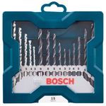 Bosch Drill Bits And Screwdriver Bits Set, 15 Pc, Mini X Line Blue, With Wood Bits, Metal Bits, Masonry Drill Bits