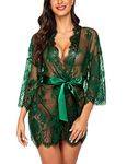 Avidlove Lingerie for Women See Through Kimono Robe Lace Dress Babydoll Lingerie Mesh Nightgown Dark Green