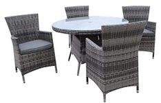 Rattan Garden Furniture Table and Chairs Sets, 5 Pieces Patio Outdoor Round Table Dining Sets ALUMINUM FRAME RUST FREE FULLY ASSEMBLED - Grey with Grey Cushion 120cm Table with 4 Seater