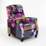 Colourful Patchwork Fabric Recliner Armchair - Eclectic Unique Accent Chair for Living Room , Bedroom , Reading , High Seat & Back Support for Elderly , Retractable Footstool & 160 Degrees Recline