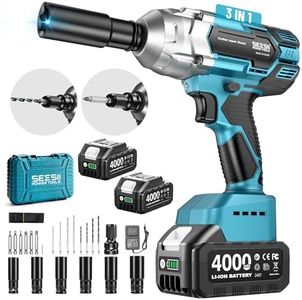 Seesii Brushless Power Impact Wrench, Cordless, 1/2 inch Max High Torque 479 Ft-lbs(650Nm), 3300RPM w/ 2x 4.0 Battery, 6 Sockets,9 Drill,6 Screws for Car Home, WH700