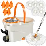 MASTERTOP Spin Mop and Bucket Sets, Microfiber Mop Bucket with 360° Wringer, Telescopic Spin Wet & Dry Mops for Cleaning Hardwood Laminate Tile Floors, Send 5 Microfibre Mop Pads & 5 Cleaning Cloths