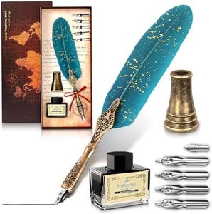 Turquoise Feather Quill Pen and Ink Set – Stainless Steel Dip Pen with 5 Nibs, Non-Slip Grip, Stand & Gift Box – Vintage Quill and Ink Set for Signing, Writing Calligraphy Kit, Elegant Writer Gift
