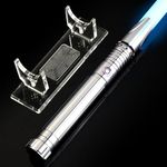 AthlChamp Motion Control Heavy Dueling Lightsaber for Adults, Dueling Light Saber with Heavy Duty Metal Hilt & Thick Blade & 16 Sound Fonts & 12 RGB Colors & Saber Stand, Helmet Design - Silvery