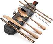 KITOME Portable Utensils, Travel Camping Cutlery Set, 8-Piece Including Knife Fork Spoon Chopsticks Cleaning Brush Straws Portable Case, Stainless Steel Flatware Set (Rose Gold)