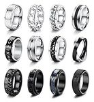 JeryWe 12PCS Stainless Steel Band Rings for Men Women Fidget Spinning Chain Ring Fidget Ring Anxiety Relief Ring for Men Fashion Simple Wedding Engagement Black Ring Set Size 7-13