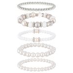 5 Pcs Beaded Stretch Bracelets White Stackable Bracelets Crystal Bead Bracelet Boho Beaded Bracelets Stretch Layering Crystal Stone Beaded Bracelets Trendy Costume Jewelry Gifts for Women