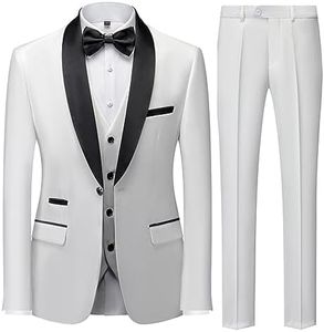 UNINUKOO Mens 3 Piece Suit Slim Fit Dress Tux Suits for Men Solid Color Wedding Classic Tuxedo Set US Size XL White
