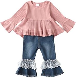 Baby Girl Clothes 9-12 Months 9 Months Girls Clothes Infant Outfits 12 Months Girl clothing Winter Fall Bell Bottom Flared Lace Jeans Ruffle Long Sleeve Shirt Clothing Light Brown