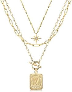MJartoria Layered Initial Necklaces for Women Trendy, 14K Gold Plated Simple Star Choker Square Letter Pendant Necklace, Paperclip Chain Necklace, Gold Necklaces Jewelry Gifts (Gold, M)