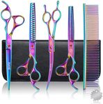 Moontay Professional 7.0" Pet Grooming Scissors Set, 4-Pieces 440C Japanese Steel Straight & Curved & Thinning & Chunker Shears/Scissors with 1 Grooming Comb for Dog Cat and More Pets, Multicolour