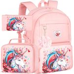 3PCS Unicorn Backpack, Water Resistant Girls Aesthetic Bookbag with Lunch Box, 17 Inch Cute Anti Theft School Bag Set for College Teenagers Senior Junior Elementary - Pink Unicorn