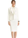 Allegra K Women's Business Suit 2 Pieces Tweed Trim Blazer Jacket and Skirt Set White Large