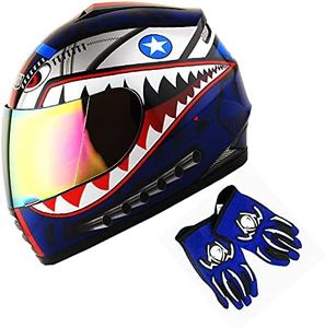 1Storm Youth Kids Motorcycle Full Face Helmet Street Bike BMX MX Shark Blue + MG Youth Glove Bundle