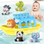 Oriate Bath Toys Set for 1+ Year Old, 5PCS Mold Free Silicone Animal Finger Puppets with Boat, Montessori Sensory Learning Water Pool Bathtub Beach Toy, Summer Party Favors for Kids Toddlers