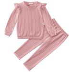 Arshiner Girls 2 Piece Outfits Knit Ruffle Long Sleeve Crewneck Top and High Waist Pants Set Girls Solid Tracksuit Clothes 5-6T