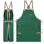 Genixart Chef Apron for Men Women with Pockets, Cotton Canvas Apron for Kitchen Cooking Baking Artist Painting, Cross Back Work Aprons for Shop, Garden, Restaurant, Cafe, Barista, M to XXL (Green)