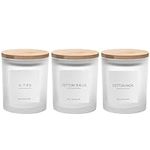 Ezebesta 3PCS Modern 400ml Transparent Bathroom Canisters with 12 Labels & Wooden Lid Thick Glass Jar Set Qtip Holder for Cotton Ball & Pads Storage Organization Minimalist Decor