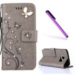 LEECOCO Galaxy S6 Case Butterfly Embossed with Card Slots Magnetic Flip Stand PU Leather Wallet Case for Samsung Galaxy S6 Gray Bling Butterfly