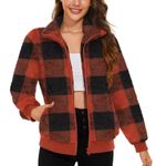 Anyally Womens Fuzzy Fleece Pullover Stand Collar Sherpa Sweatshirt Zip Up Shacket Jacket With Pockets，L Black Red Plaid