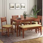 Shreya Decor Wooden Solid Sheesham Wood Dining Table 6 Seater with Cushion | Dining Table Set with 4 Chairs 1 Bench | Home Dining Room Furniture | Honey Finish (6 Seater, Honey with cousion)