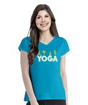 Pooplu Women's Regular Fit Yoga Moves Cotton Graphic Printed V Neck Half Sleeves Cotton Yoga T Shirt. Yoga, Pootlu, Gym, Exercise.(Oplu_Turquoise_3X-Large)