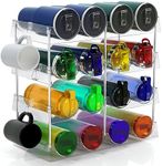 DWWFCC Large Water Bottle Organizer for Cabinet w 8 Hooks - Stackable Clear Bottle Storage Organizer, Acrylic Plastic Tumbler Travel Mug Cup Organizer Holder Wine Rack for Countertop-2oz to 32oz