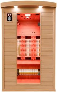 Dewello® Infrarotkabine Infrarotsauna Hyder 115x105 für 1-2 Personen aus Hemlock Holz mit Vollspektrumstrahler, LED-Farblicht, Bluetooth, FM,MP3,USB