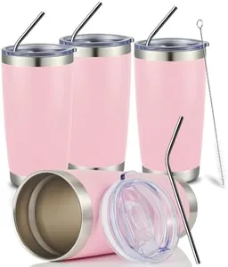 COMOOO 20oz Tumbler Bulk Double Wall Vacuum Insulated Travel Mug, Stainless Steel Tumbler with Lid and Straw Durable Powder Coated Insulated Coffee Cup for Cold & Hot Drinks (pink, 4 pack