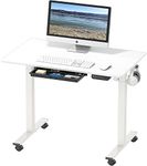 SHW 40-Inch Small Electric Height Adjustable Mobile Sit Stand Desk with Drawer, Hanging Hooks and Cable Management, 40 x 24 Inches, White