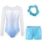 Sinoeem Gymnastics Leotards for Girls with Gymnastics Shorts & Hairband Set Long Sleeve/Sleeveless Gradient Color Sparkle Dancing Ballet Athletic for Girl (Blue-long sleeved, 5-6 Years)