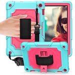 Case for Amazon Kindle Fire HD 8 (10th Generation, 2020)/Fire HD 8 Plus Tablet, Ropfsg 360° Rotating Stand Shockproof Heavy Duty Case Cover with Shoulder Strap, Hand Strap for Kids - Mint Green+Rose