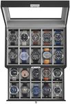 SONGMICS 20-Slot Watch Box, Watch Case with Glass Lid, 2 Layers, Lockable Watch Display Case, Christmas Gift, Black Synthetic Leather, Gray Lining UJWB006