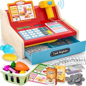 2025 Wooden Toy Cash Register for Kids,Rechargeable Pretend Play Counting Toys Kids Cash Register with Scanner Realistic for Boys Girls Age 2-4 4-8, Pretend Toys Role-Playing Ideals Gift for Toddlers