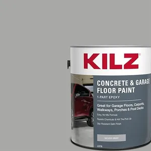 KILZ 1-Part Epoxy Acrylic Concrete and Garage Floor Paint, Interior/Exterior, Satin, Silver Gray, 1 Gallon