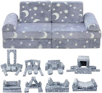 WONDERME 2-Seater Modular Kids Play Couch – 10pc Glow in the Dark Creative Kids Couch for Playroom, Living Room, and Bedroom Fortplay – Convertible Foam and Floor Cushion for Ages 1 to 10