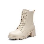 DREAM PAIRS Women's Lug Sole Combat Ankle Bootie Lace up Low Chunky Block Heels Side Zipper Boots Fashion Causal Shoes SDAB2317W,Size 8,Beige,SDAB2317W