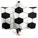 Xoqan Black and White Soccer Wearable Hooded Blanket for Women Men Cozy Microfiber Luxury Plush Throws for Bedding Couch Travel Camping Gift 60"x50"for Teenager