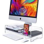 BEYGORM Acrylic Monitor Stand Riser, Wide 20", 2 Tier Computer with Storage, Desk Organizer Desktop Printer Laptop Storage Shelf Screen Holder Phone Holder(Clear)