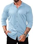 COOFANDY Men Casual Button Down Shirt Slim Fit Dress Shirts Long Sleeve Wrinkle Free Light Blue