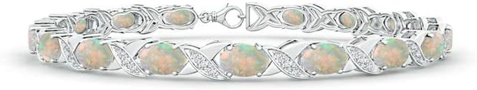Angara Natural Classic Oval 4.76 ct Opal and Diamond XOXO Link Bracelet in 14K White Gold for Women (Size-6x4mm) | October Birthstone Jewelry