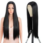 Style Icon Lace Front Wigs Long Straight Synthetic Hair Wigs with Baby Hair Half Hand Tied 130% Density Middle Part Wigs Heat Resistant Fiber (Middle Lace Part 30 Inch, 1B)