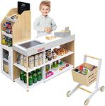 HONEY JOY Grocery Store Pretend Play, Kids Wooden Grocery Store Playset w/Shopping Cart, Play Money, Cash Register Stand, Chalkboard, Supermarket Checkout Counter Toy Set(Play Food Not Included)